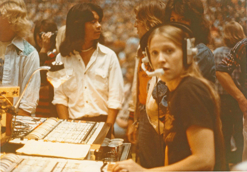 Dodds at a See Factor lighting control board, circa 1975